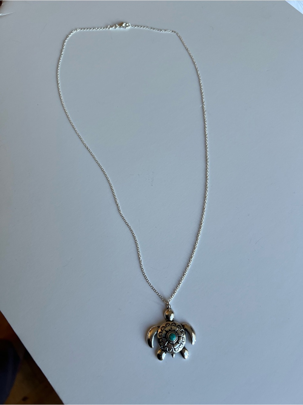 Silver Turtle Pendant Necklace with Turquoise Accent Boho Coastal - Picture 3 of 4